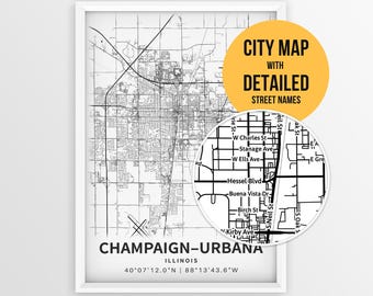 Carte d'Urbana-Champaign (Illinois) avec les noms des rues, affiche imprimable de la ville de Champaign (téléchargement instantané)