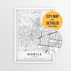 Mapa de Mobile, Alabama, con nombres de calles, póster imprimible de la ciudad (descarga instantánea).