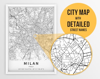 Printable Map of Milan, Italy with Street Names - Instant Download \ City Map \ Travel Gift \ City Poster \ Road Map Print \ Wall Art