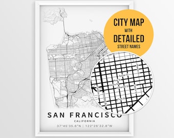 San Francisco California Map with Street Names, Printable San Francisco City Poster (Instant Download)