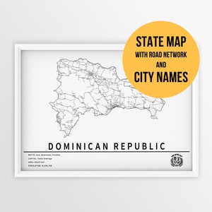 Printable Map of Dominican Republic, Hispaniola with city names - Instant Download \ Country Map \ Map Art \ Travel Planner \ Push Pin Map