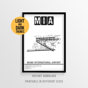May include: Framed print featuring a black and white schematic of Miami International Airport. The top of the print displays "MIA" in bold letters. Additional text includes "Light and Dark Themes", "Instant Download", and "Printable in Different Sizes".