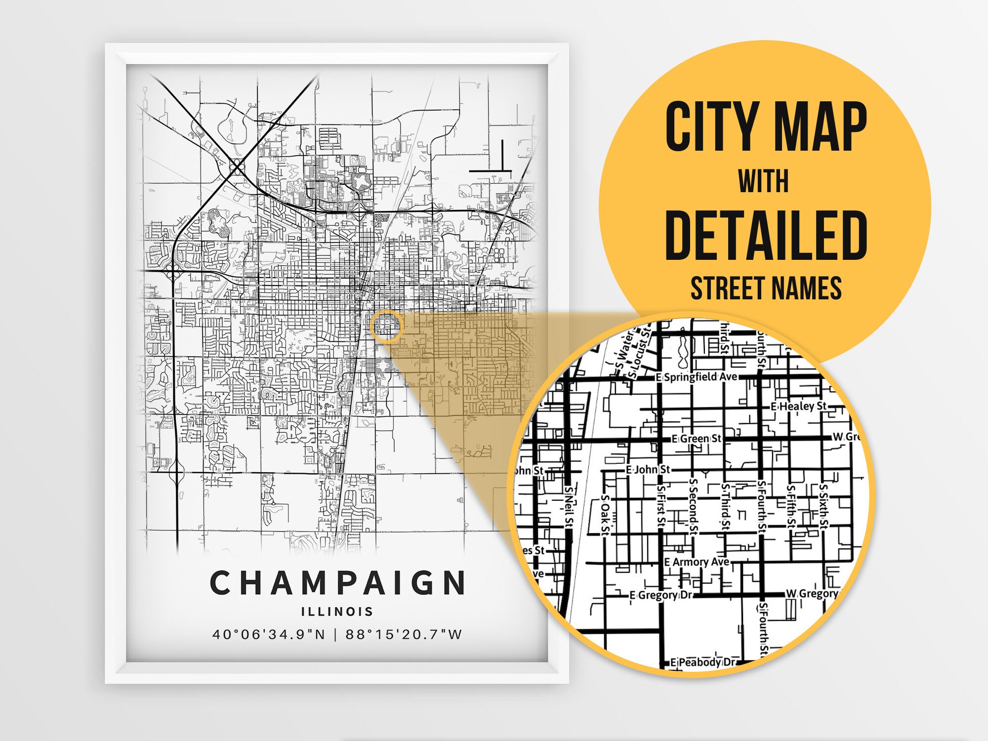 Printable Map of Champaign Illinois with Street Names Etsy
