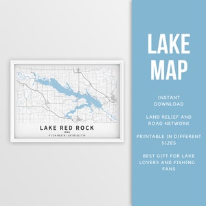 Carte imprimable du lac Red Rock, Iowa, États-Unis - Téléchargement instantané \ Carte du lac \ Affiche de carte \ Lake House Decor \ LakeLife \ Pêche \ Navigation de plaisance