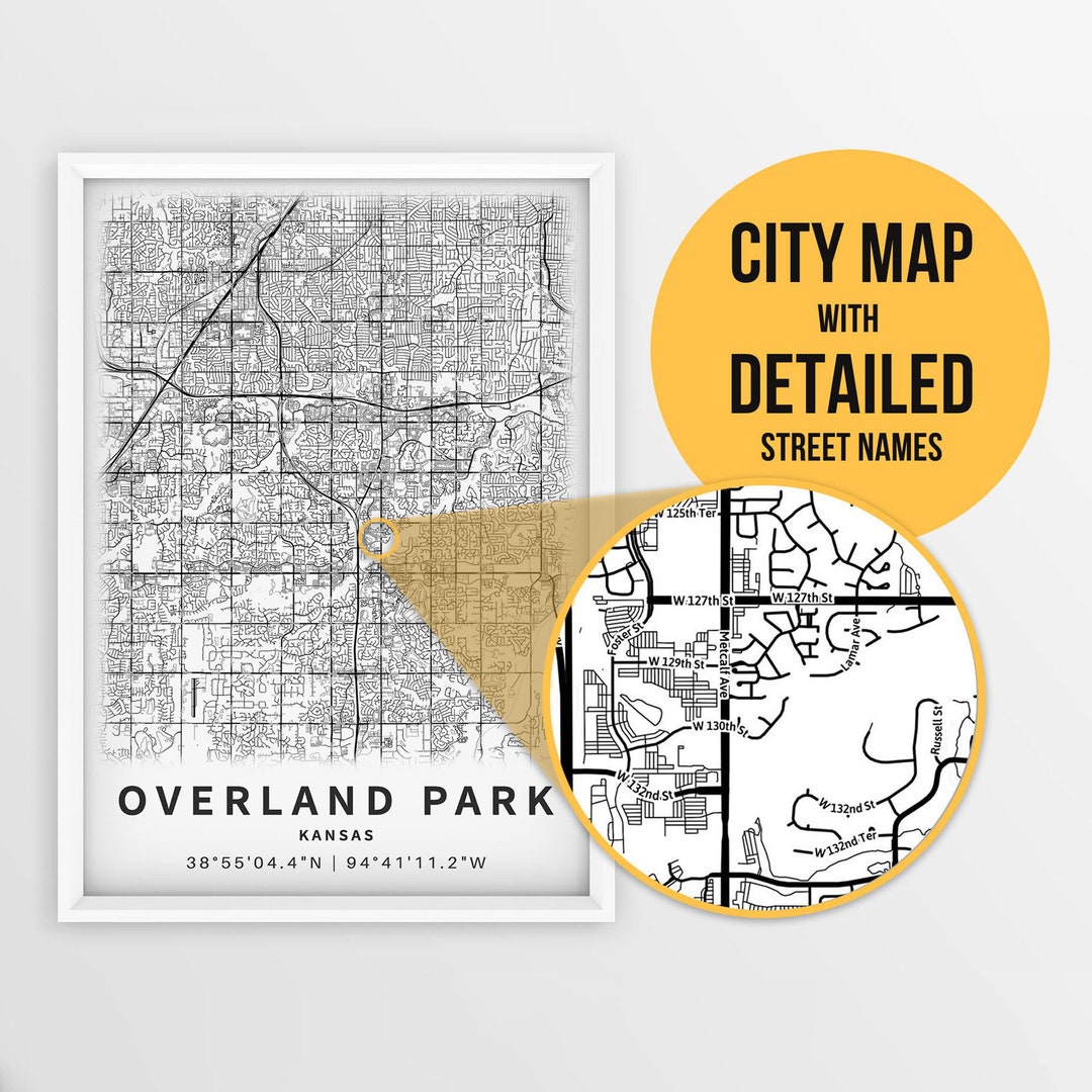 Printable Map of Overland Park, Kansas, USA With Street Names Instant Download City Map Travel