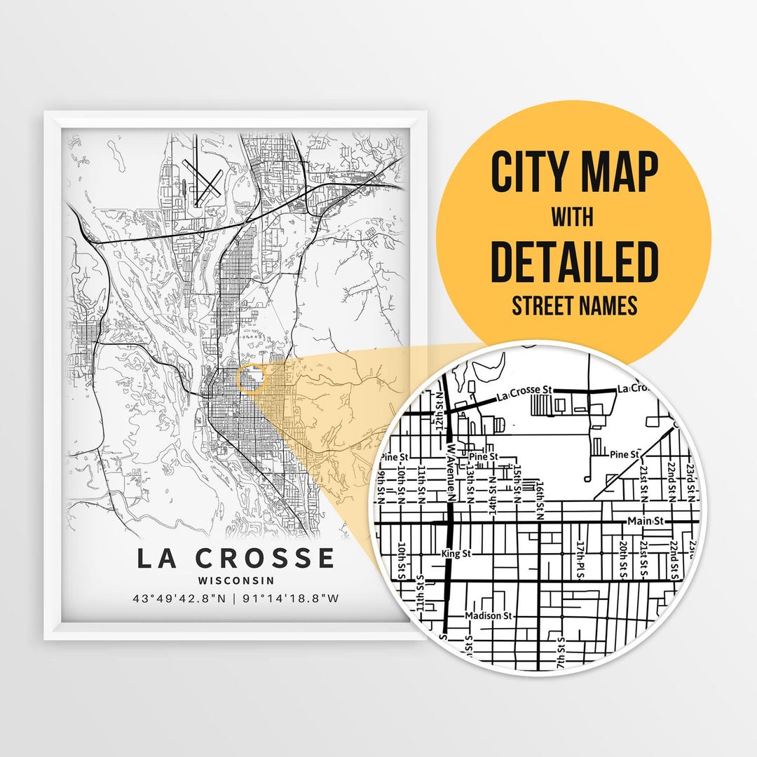 Printable Map of La Crosse, Wisconsin, USA With Street Names Instant