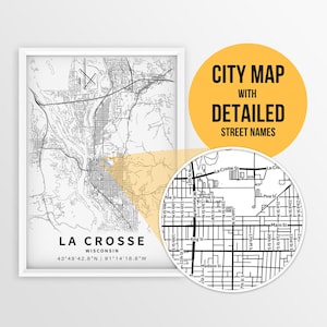 Afdrukbare kaart van La Crosse (Wisconsin, VS) met straatnamen - Instant Download \ Stadsplan \ Reiscadeau \ Stadsposter \ Wegenkaart afdrukken
