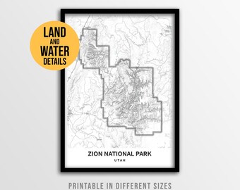 Zion National Park kaartposter, afdrukbare Utah-topografieprint met coördinaten (direct downloaden)