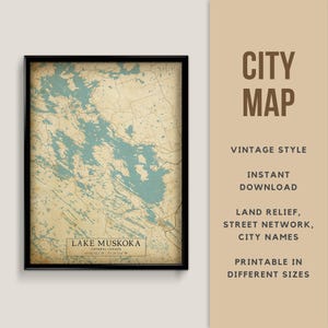 Vintage Style Map of Lake Muskoka, Ontario, Canada with City names - Instant Download \ Lake Map \ Wall Art \ Printable Poster \ Map Print