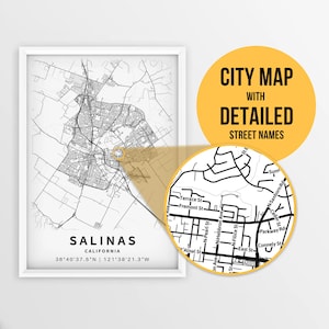 Karte von Salinas, Greater Bay Bay, Kalifornien, USA mit Strassennamen zum sofortigen Download