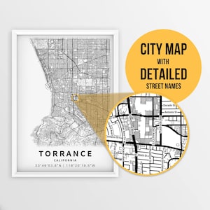 Druckbare Karte von Torrance, Kalifornien, USA mit Straßennamen - sofortiger Download ~ Karte ~ ~ Strassenkarte ~ Karte