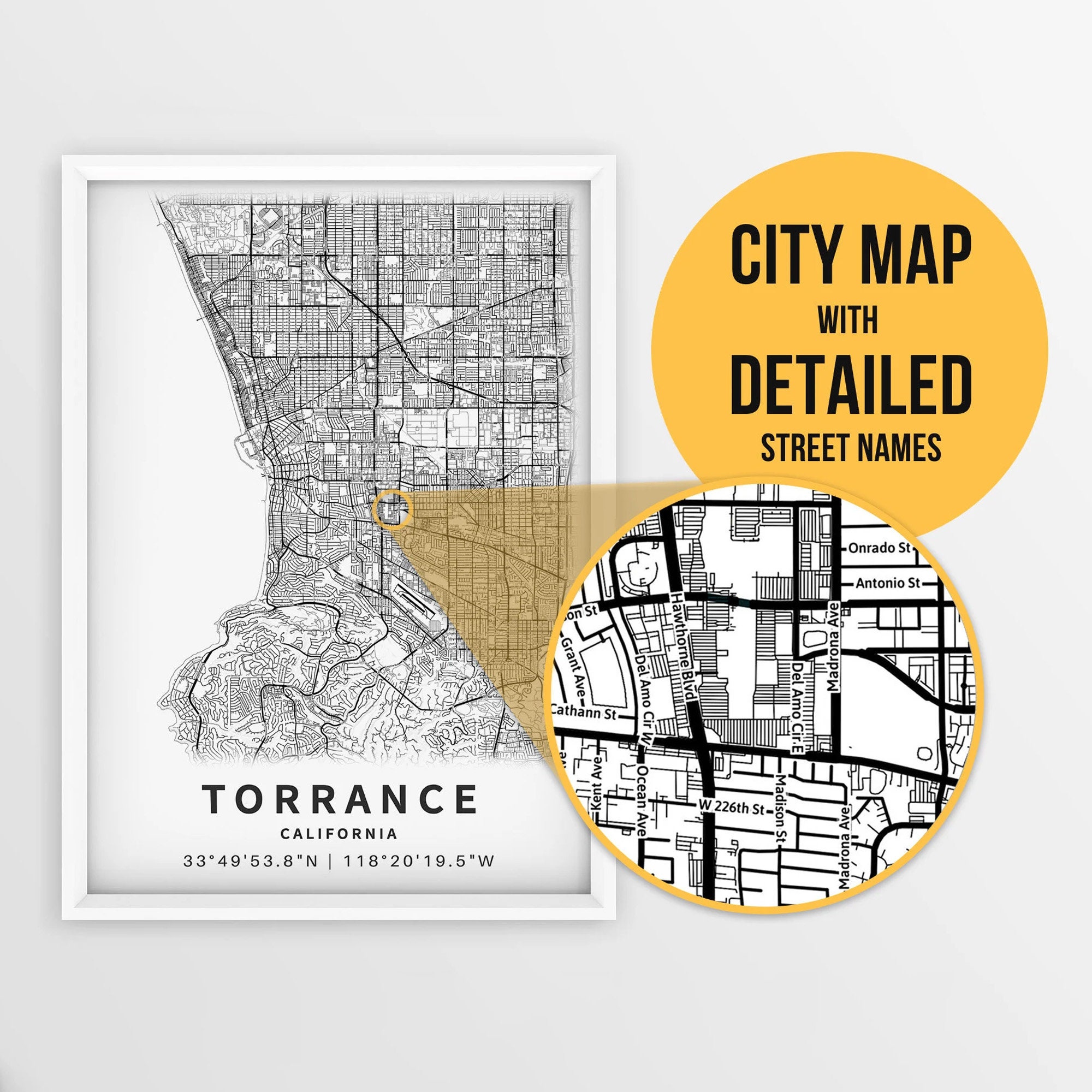 Druckbare Karte von Torrance, Kalifornien, USA mit Straßennamen sofortiger  Download Karte Strassenkarte Karte