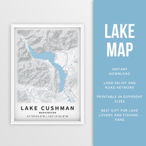 Druckbare Karte von Lake Cushman, Washington, USA - Sofort Download \ Lake Map \ Map Poster \ Lake House Decor \ LakeLife \ Angeln \ Bootfahren