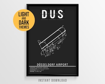 Póster del aeropuerto de Düsseldorf, mapa de pistas del aeropuerto DUS, impresión decorativa de aviación de Alemania (descarga instantánea)