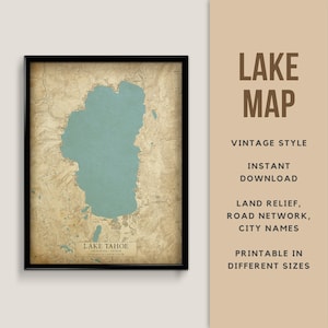 Vintage stijlkaart van Lake Tahoe, Californië-Nevada, VS met stadsnamen - Instant Download \ Lake Map \ Wall Art \ Afdrukbare poster