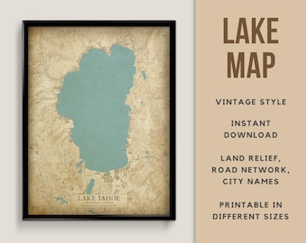 Vintage Style Map of Lake Tahoe, California-Nevada, USA with City names - Instant Download \ Lake Map \ Wall Art \ Printable Poster