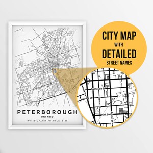 Carte imprimable de Peterborough, Ontario, Canada avec noms de rues - Téléchargement instantané \ Plan de la ville \ Cadeau de voyage \ Affiche de la ville \ Impression de la carte routière