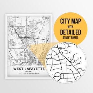 Druckbare Karte von West Lafayette, Indiana, USA mit Straßennamen - Sofortiger Download \ Stadtplan \ Reisegeschenk \ Stadtposter \ Straßenkartendruck