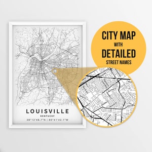 Druckbare Karte von Louisville, Kentucky, USA mit Straßennamen - Sofort Download \ City Map \ Travel Gift \ City Poster \ Road Map Print