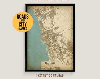 Jeddah, Saudi Arabia Vintage Style Map, Printable Jeddah City Poster (Instant Download)