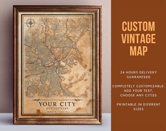 Custom Vintage style Map of Your City, Any Town- Digital Download \ City Map \ Wall Art \ Map Poster \ Printable Map