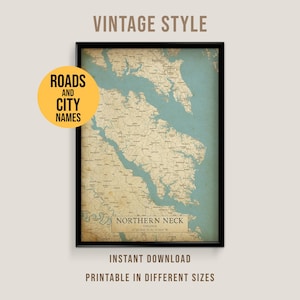 Northern Neck, Virginia Vintage Style Map, Printable Chesapeake Bay Map Poster (Instant Download)