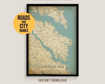 Northern Neck, Virginia Vintage Style Map, Printable Chesapeake Bay Map Poster (Instant Download)