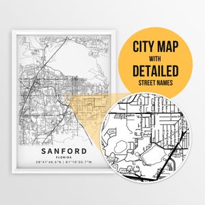 Afdrukbare kaart van Sanford, Florida, VS met straatnamen - direct downloaden \ Stadsplan \ Reiscadeau \ Stadsposter \ Kaart afdrukken \ Muurkunst