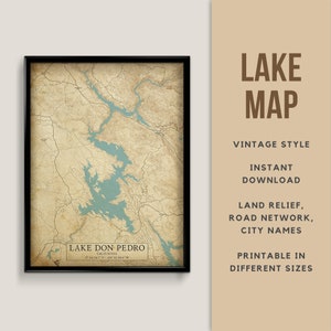 Printable Vintage Style Map of Don Pedro, California, USA - Instant Download \ Lake Map \ Wall Art \ Lake Poster \ Lake house Decor