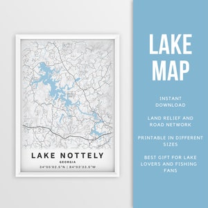 Mapa imprimible del lago Nottely, Georgia, EE. UU. - Descarga instantánea \ Mapa del lago \ Cartel del mapa \ Decoración de la casa del lago \ LakeLife \ Pesca \ Paseos en bote