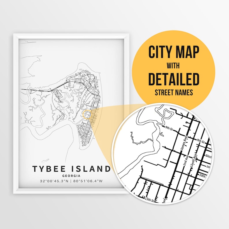Printable Map of Tybee Island, USA With Street Names Instant