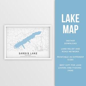 Mapa imprimible de Sardis Lake, Mississippi, EE. UU. - Descarga instantánea \ Mapa del lago \ Cartel del mapa \ Decoración de la casa del lago \ LakeLife \ Pesca \ Paseos en bote