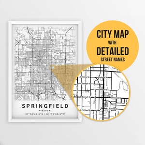 Mapa para impressão de Springfield, Missouri, EUA com nomes de ruas - download instantâneo \ Mapa da cidade \ Presente de viagem \ Cartaz da cidade \ Impressão de mapa de estradas
