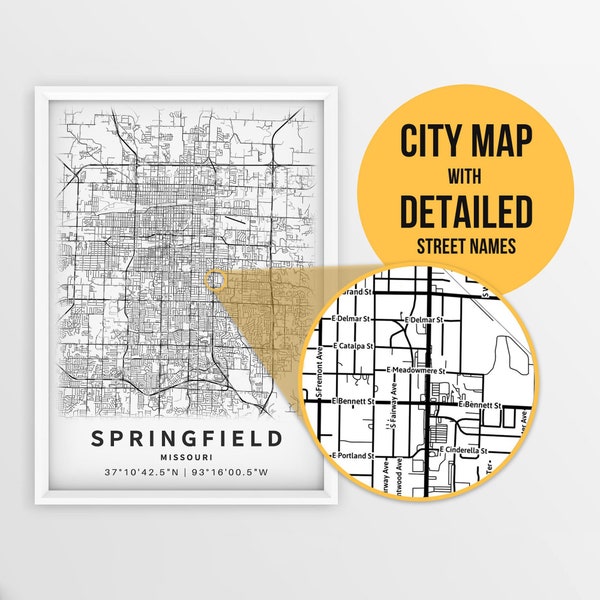 Printable Map of Springfield, Missouri, USA with Street Names - Instant Download \ City Map \ Travel Gift \ City Poster \ Road Map Print