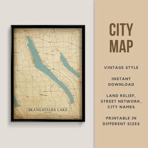 Mapa de estilo vintage del lago Skaneateles, Nueva York, EE. UU., con nombres de ciudades - Descarga instantánea \ Mapa del lago \ Arte mural \ Mapa rústico \ Póster de mapas