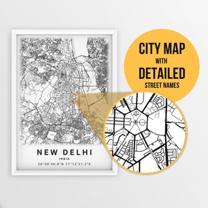 Printable Map of New Delhi, India with Street Names - Instant Download \ City Map \ Travel Gift \ City Poster \ Road Map Print \ Wall Art