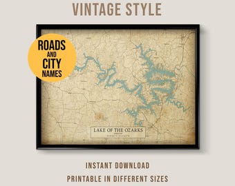 Lake of the Ozarks Vintage Style Map, Printable Missouri Lake House Poster (Instant Download)