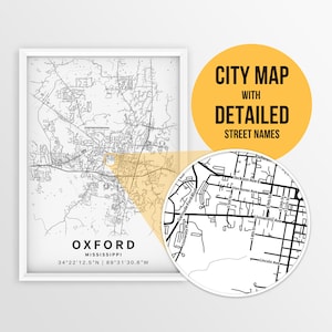 Druckbare Karte Oxford, Mississippi, USA mit Straßennamen - Instant Download \ City Map \ Reise-Geschenk ~ Poster ~ Road Map ~ Ole Miss