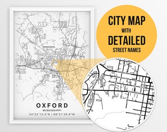 Printable Map Oxford, Mississippi, USA With Street Names - Instant