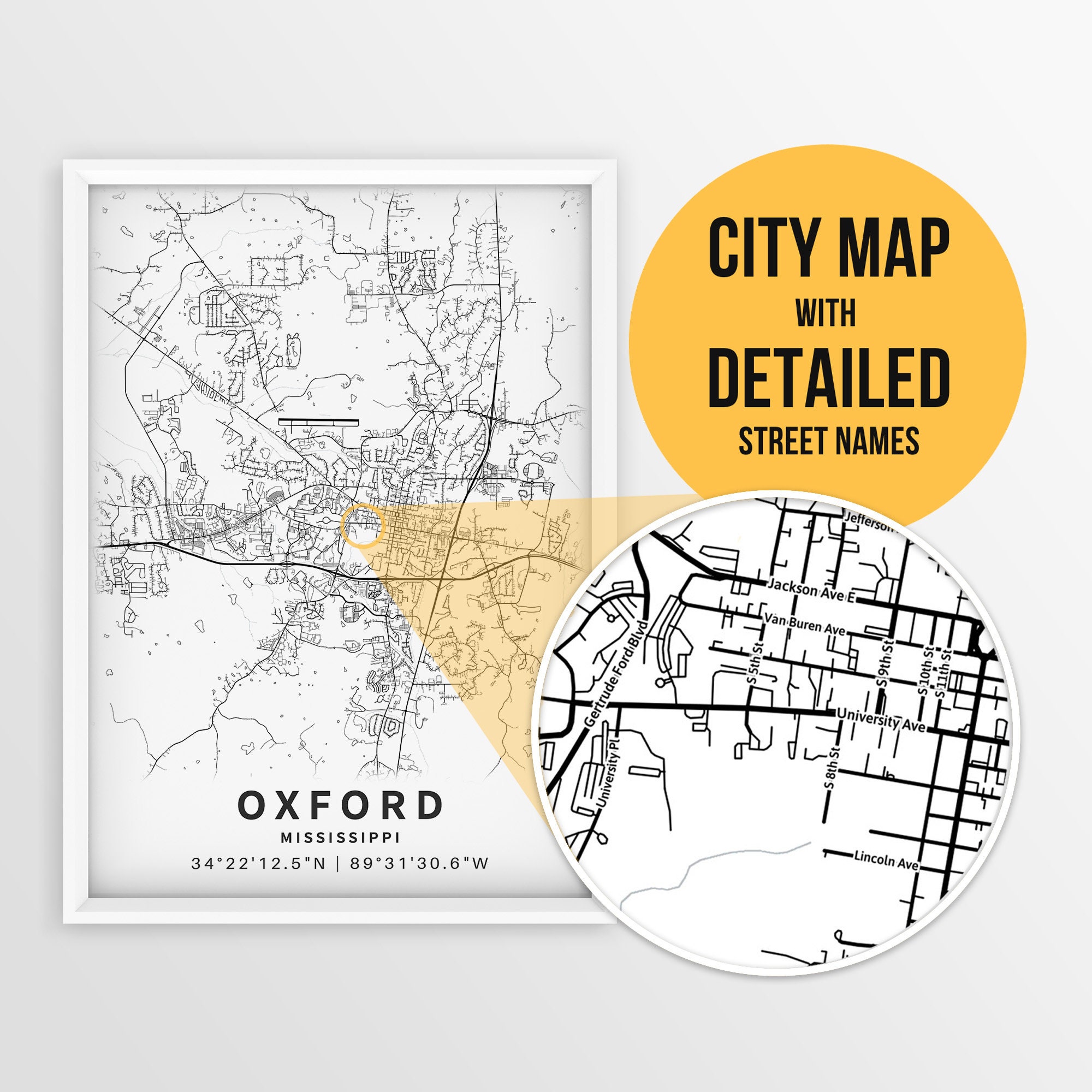 洋書 THE PRINTED MAPS Printable Map Oxford, Mississippi, USA With Street Names - Instant