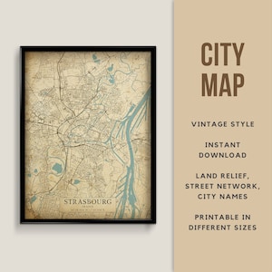 Mapa em estilo vintage para impressão de Estrasburgo, França - download instantâneo \ Mapa de ruas \ Cartaz de mapa \ Antiguidade \ Impressão de mapa \ Mapa rústico