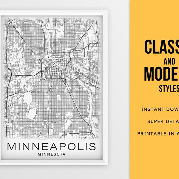 Printable Map of Minneapolis, Minnesota, United States - Instant Download \ City Map \ Gift Idea \ Wall Art