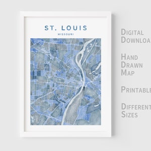Druckbare Aquarell Karte von St. Louis, Missouri, USA - Sofort Download \ Stadtplan \ Wandkunst \ Handgezeichnet