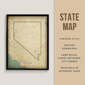 Affiche imprimable de carte de Style vintage du Nevada, États-Unis - téléchargement immédiat, carte routière, affiche du Nevada, style antique, carte du Nevada de Las Vegas