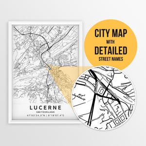 May include: A framed black and white city map of Lucerne, Switzerland, with detailed street names. The map includes the city's coordinates and is accompanied by a circular inset highlighting a specific area. A yellow circle states "CITY MAP WITH DETAILED STREET NAMES."