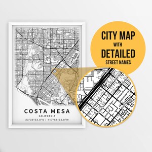 Carte imprimable de Costa Mesa, comté d'Orange, Californie, États-Unis avec les noms de rue - téléchargement immédiat \ plan de la ville \ cadeau de voyage \ affiche de la ville
