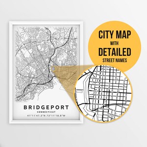 Printable Map of Bridgeport, Connecticut, USA with Street Names - Instant Download \ City Map \ Travel Gift \ City Poster \ Road Map Print
