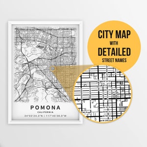 Printable Map of Pomona, California, USA with Street Names - Instant Download \ City Map \ Travel Gift \ City Poster \ Road Map Print