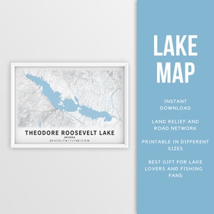 Mapa imprimible del lago Theodore Roosevelt, Arizona, EE. UU. - Descarga instantánea \ Mapa del lago \ Cartel del mapa \ Decoración de la casa del lago \ Pesca \ Paseos en bote
