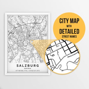Mapa de pôster para impressão de Salzburgo, Áustria com nomes de ruas - download instantâneo \ Mapa da cidade \ Presente de viagem \ Cartaz da cidade \ Impressão de mapa de estradas